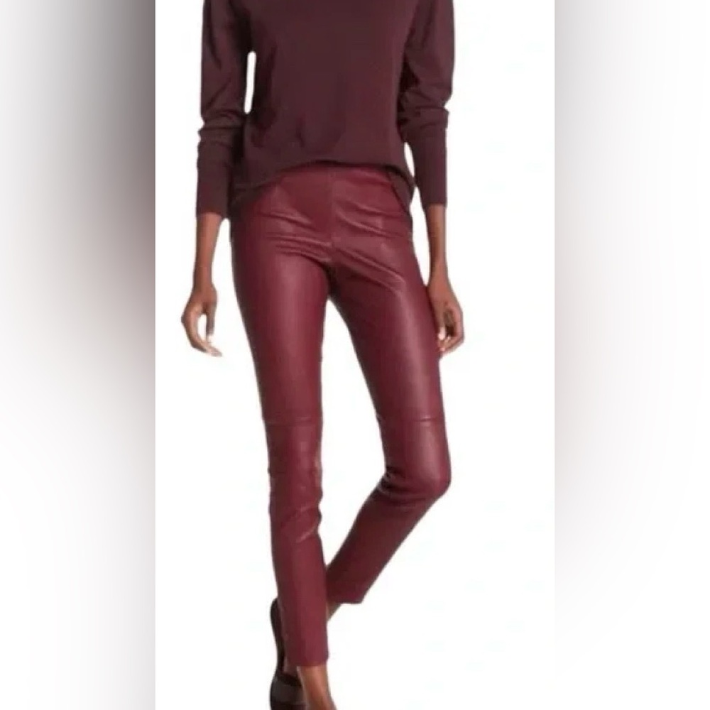 THEORY Adbelle Burgundy Red Lamb Leather Skinny Pants, 6, $995